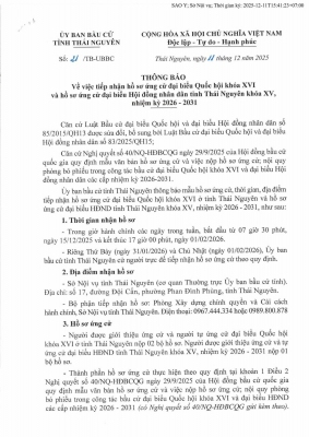 Thông báo về việc tiếp nhận hồ sơ ứng cử Đại biểu Quốc hội khoá XVI và hồ sơ ứng cử đại biểu Hội đồng nhân dân tỉnh Thái Nguyên khoá XV, nhiệm kỳ 2026 - 2031
